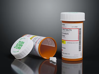 Open Pill Bottle With Spilled Tablets And Label On Black Surface 3d model