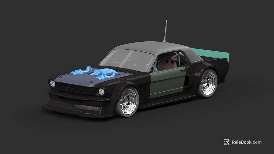 Custom Brown Green Car With Gray Roof Silver Wheels Antenna And Figure Inside 3d model 