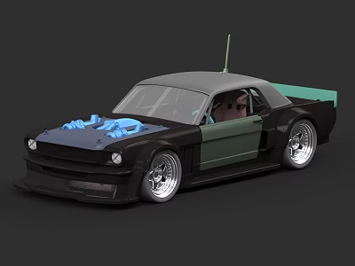 Custom Brown Green Car With Gray Roof Silver Wheels Antenna And Figure Inside 3d model