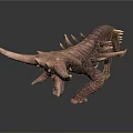 Armored Brown Dinosaur 3D Model With Multiple Spikes And Horns On Dark Background