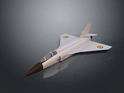 Model Fighter Jet Featuring White Body Dark Nose And Yellow Wing Emblems On Gray Background 3d model