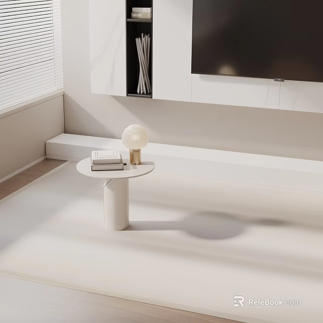 Modern White Side Table in Minimalist Living Room Interior with Spherical Lamp and Stacked Books 3d model 