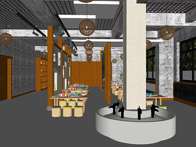 Kindergarten Interior With Wooden Furniture Colorful Toys Round Pendant Lights And White Platform 3d model