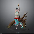 3D Female Character Model With Blue Horns Long Black Hair And Tree Root Base