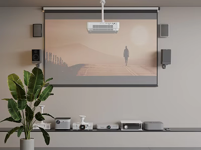 Projection Monitoring Setup Featuring Projection Screen Projector Speakers And Scene Viewing 3d model