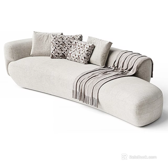 Light Beige Fabric Irregular Shaped Sofa With Decorative Pillows And Striped Throw Blanket 3d model