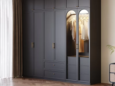 Elegant Modern Dark Gray Built in Wardrobe With Glass Doors Brass Handles And Drawers 3d model
