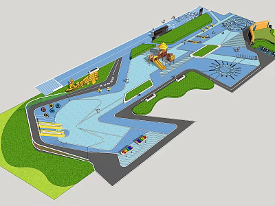 Colorful Community Playground Park Design Featuring Green Lawns Water Areas Paths And Play Equipment 3d model