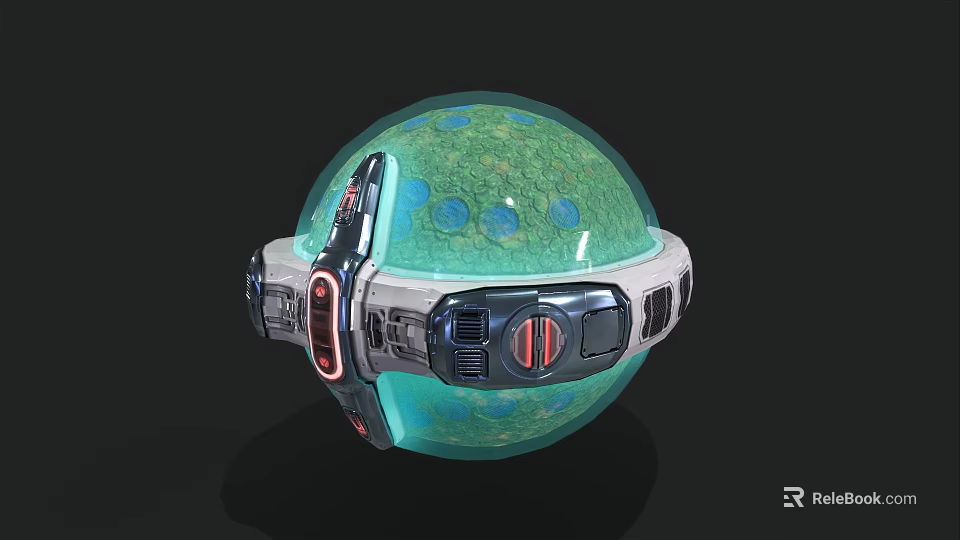 Futuristic Sci Fi Sphere With Green Surface Blue Spots And Metallic Ring 3d model