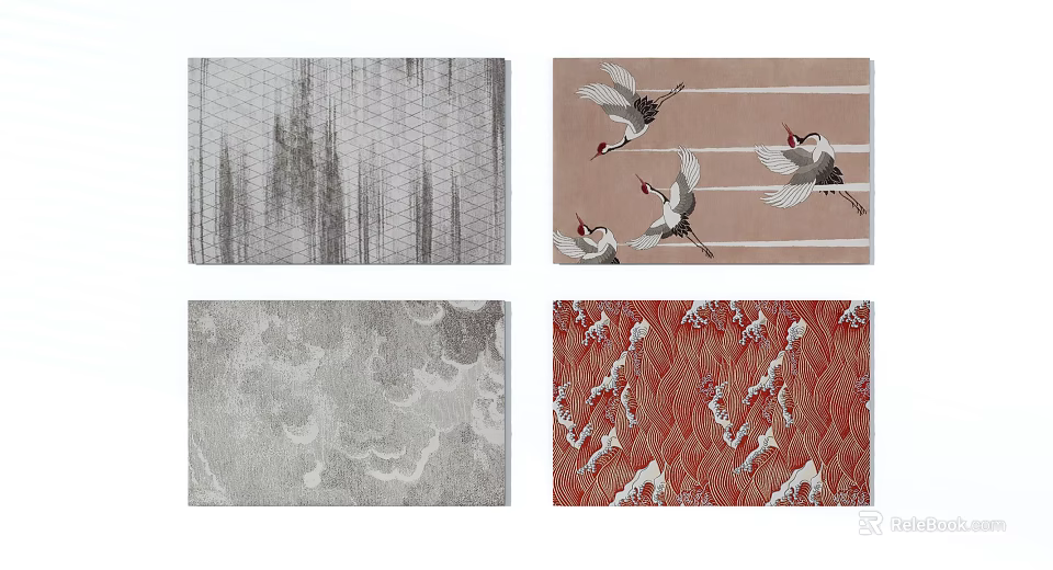 Square Carpets With Gray Grid Pink Crane Red Wave And Cloud Patterns 3d model