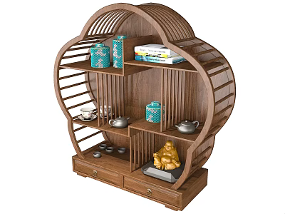 Chinese style Wooden Curio Cabinet With Arched Design Displaying Vases Books Tea Sets And Buddha Statue 3d model