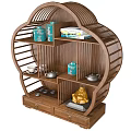 Chinese style Wooden Curio Cabinet With Arched Design Displaying Vases Books Tea Sets And Buddha Statue