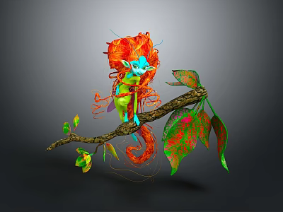 Vibrant Fairy Character With Orange Hair Blue Skin Wings On Branch With Colorful Leaves 3d model