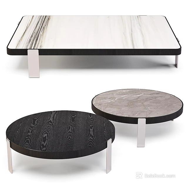 Functional Tables with Rectangular Round Shapes Marble Wood Grain Tops Silver Metal Legs Black Frames 3d model