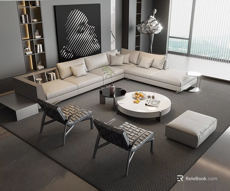 Modern Light Gray L Shaped Sofa and Round Coffee Table Set in Stylish Living Room 3d model 