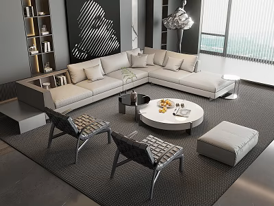 Modern Light Gray L Shaped Sofa and Round Coffee Table Set in Stylish Living Room 3d model