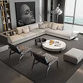 Modern Light Gray L Shaped Sofa and Round Coffee Table Set in Stylish Living Room