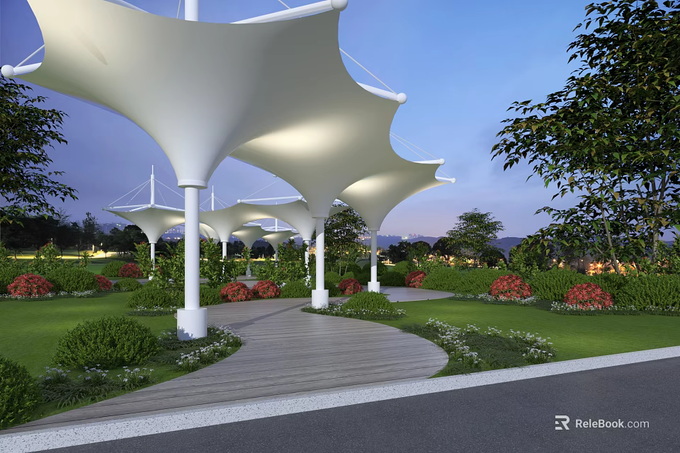 White Membrane Structure Landscape Pavilion With Umbrella Canopies And Garden Pathway 3d model 