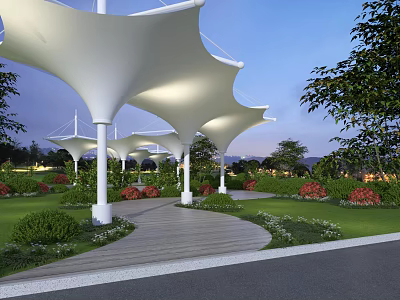 White Membrane Structure Landscape Pavilion With Umbrella Canopies And Garden Pathway 3d model