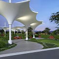 White Membrane Structure Landscape Pavilion With Umbrella Canopies And Garden Pathway