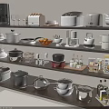 Organized Display Of Kitchen Appliances With Cookware On Wooden Shelves