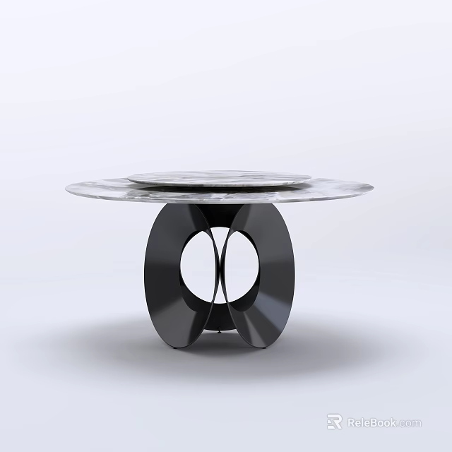 Elegant Round Marble Dining Table With Black Geometric Metal Base 3d model 