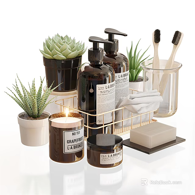 Stylish Modern Bathroom Accessories With Soap Dispensers Toothbrushes Succulents Candle And Towels 3d model 