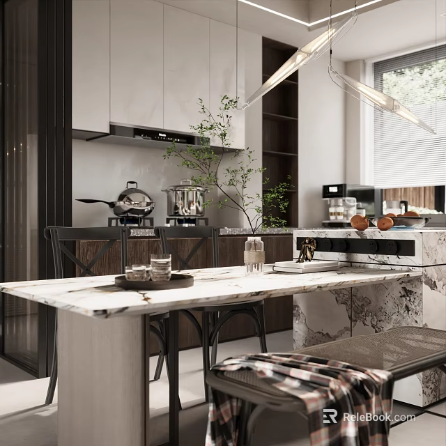 Modern Restaurant Kitchen Interior With Marble Countertop White Cabinets Hanging Lights And Green Plants 3d model 