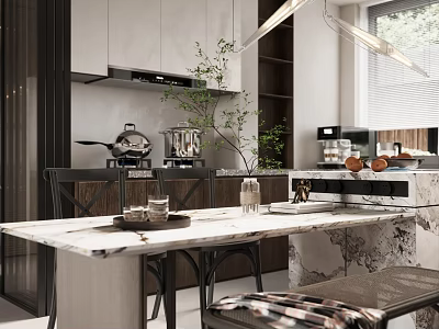 Modern Restaurant Kitchen Interior With Marble Countertop White Cabinets Hanging Lights And Green Plants 3d model