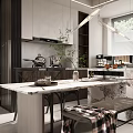 Modern Restaurant Kitchen Interior With Marble Countertop White Cabinets Hanging Lights And Green Plants