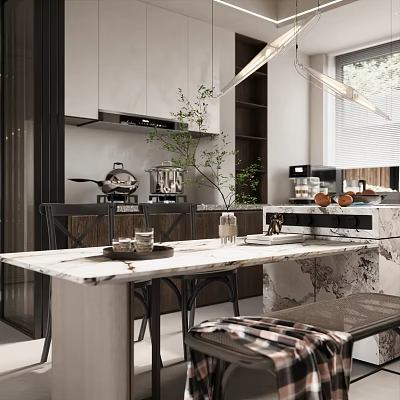 Modern Restaurant Kitchen Interior With Marble Countertop White Cabinets Hanging Lights And Green Plants 3d model