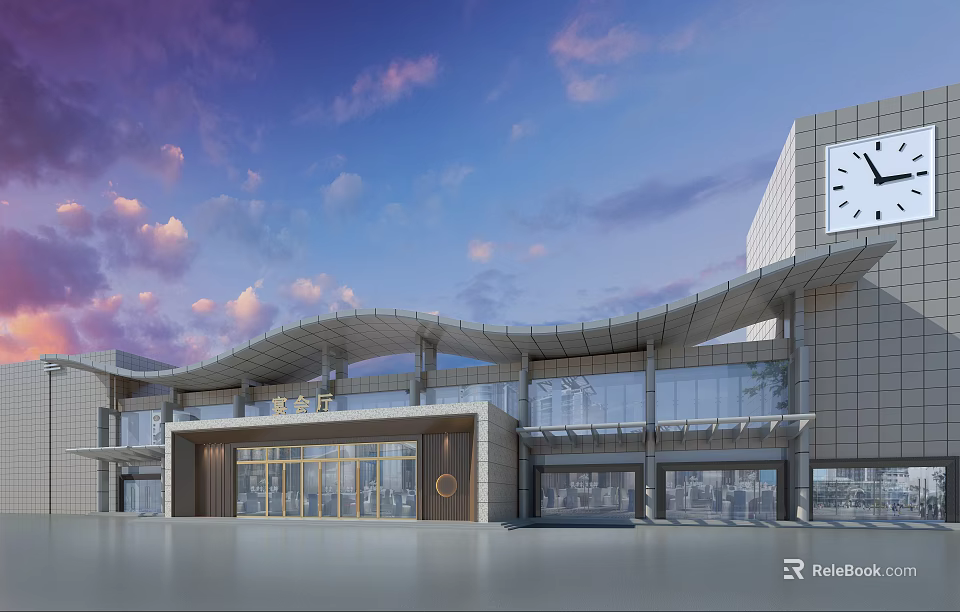 Modern Storefront Facade Design With Curved Roof Glass Windows And Large Clock 3d model 
