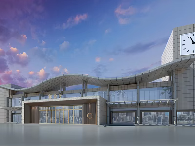 Modern Storefront Facade Design With Curved Roof Glass Windows And Large Clock 3d model