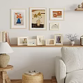 Various Picture Frames Decorating Living Room Wall And Shelf With Home Decor Elements 3d model