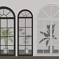 Arched Floor To Ceiling Windows In Black And White With Green Plant Interior View