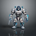 Game Movie Character Armored Mechanical Gorilla With Futuristic Tech Blue Glowing Parts And Weapon
