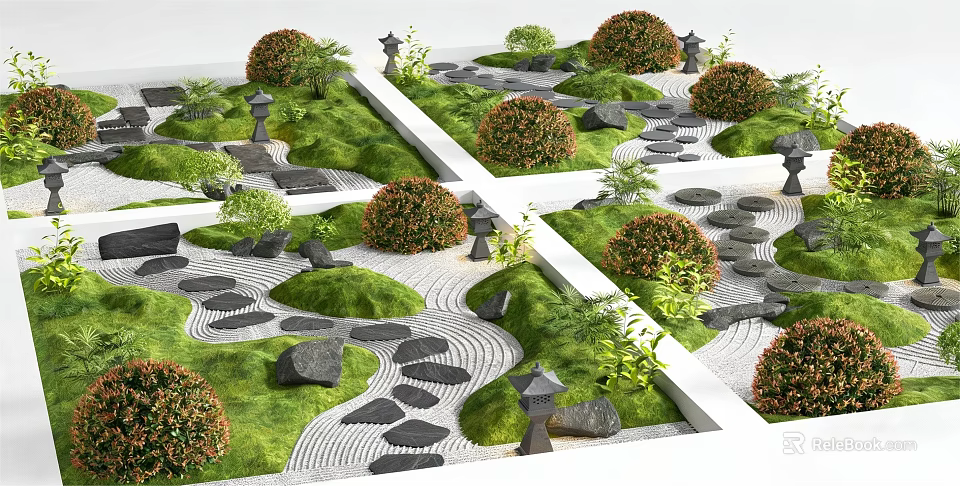 Microlandscape Design With Green Grass Various Stones Trimmed Bushes And Winding Paths 3d model 