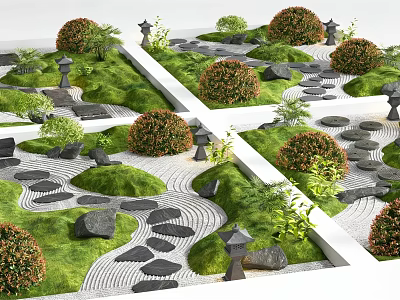 Microlandscape Design With Green Grass Various Stones Trimmed Bushes And Winding Paths 3d model