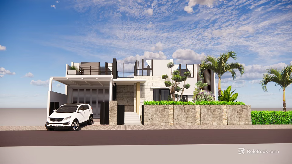 Modern Detached Villa Exterior Design With White Car Garage Palm Tree And Stone Wall 3d model 