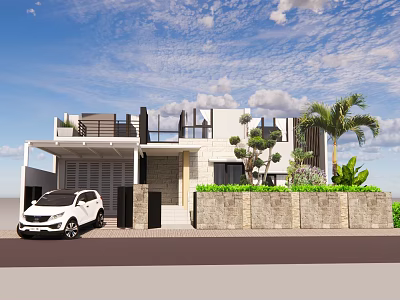 Modern Detached Villa Exterior Design With White Car Garage Palm Tree And Stone Wall 3d model