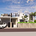Modern Detached Villa Exterior Design With White Car Garage Palm Tree And Stone Wall