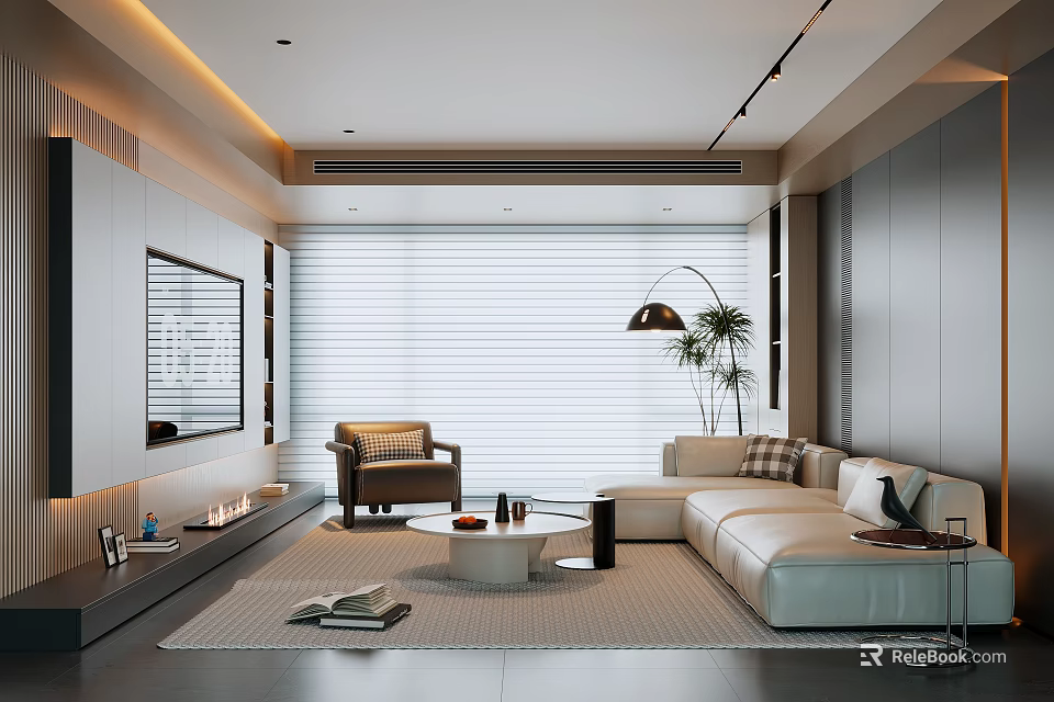 Modern Living Room Interior With Beige Sofa Round Coffee Table Floor Lamp And Armchair 3d model 
