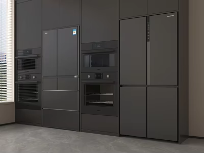 Sleek Modern Kitchen Featuring Black Integrated Refrigerator Freezer And Appliances 3d model