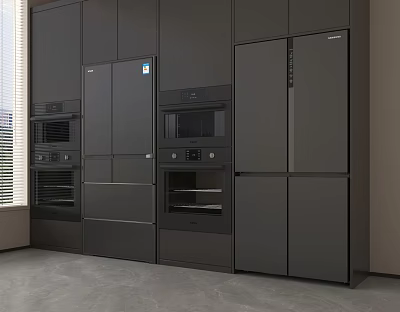 Sleek Modern Kitchen Featuring Black Integrated Refrigerator Freezer And Appliances 3d model