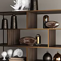 Modern Display Shelf With Wooden And Metal Frame Holding Decorative Vases Sculptures And Shells