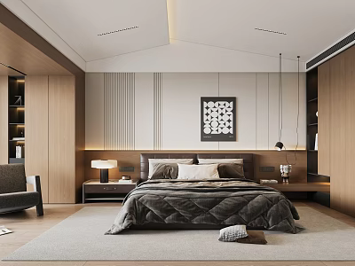 Modern Bedroom Interior Design With Wooden Wardrobes Decorative Painting Above Bed And Soft Lighting 3d model