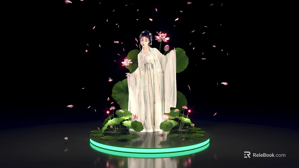 Traditional Dressed Woman Standing On Green Glowing Platform With Lotus Flowers Leaves And Falling Petals 3d model 