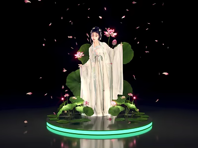Traditional Dressed Woman Standing On Green Glowing Platform With Lotus Flowers Leaves And Falling Petals 3d model