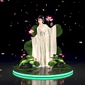 Traditional Dressed Woman Standing On Green Glowing Platform With Lotus Flowers Leaves And Falling Petals