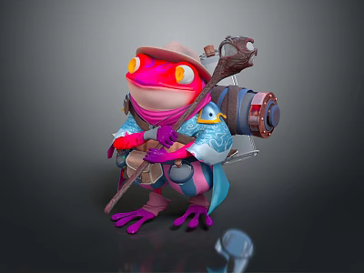Vibrant Frog Game Movie Character Wearing Hat Holding Staff With Backpack 3d model